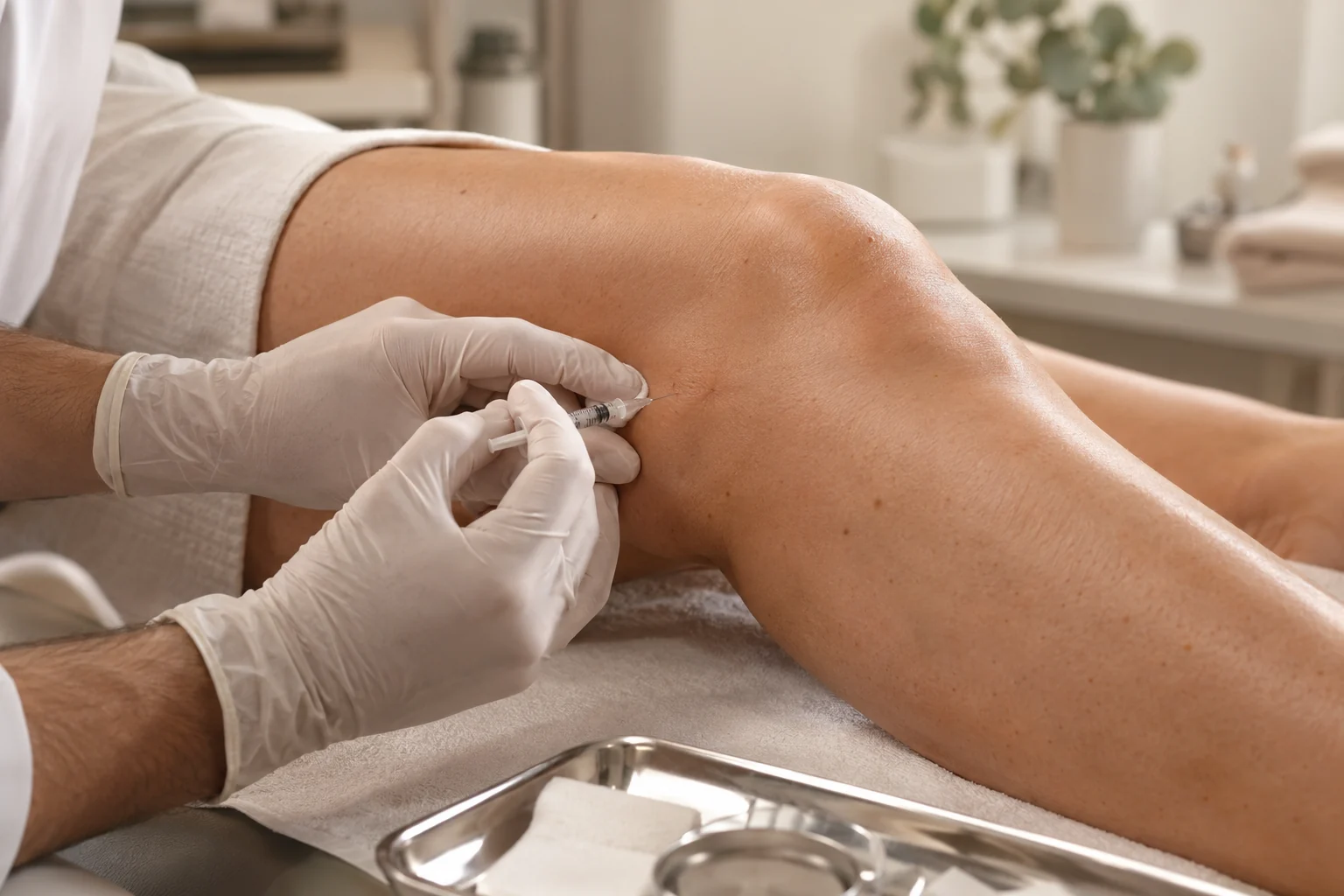 Imagem ilustrativa de pequena aplicação superficial de mesoterapia na região do joelho